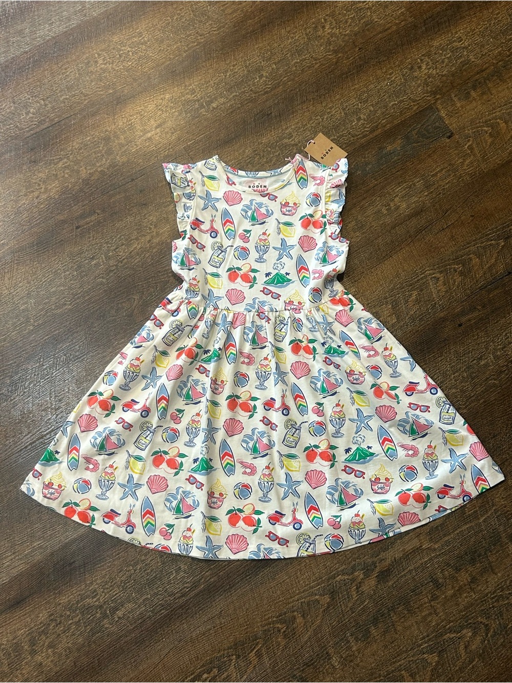 Mini Boden White Multicolor Beach Print Ruffle Dress
